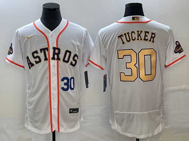 Mens Houston Astros #30 Kyle Tucker Number 2023 White Gold World Serise Champions Patch Flex Base Stitched Jersey->houston astros->MLB Jersey